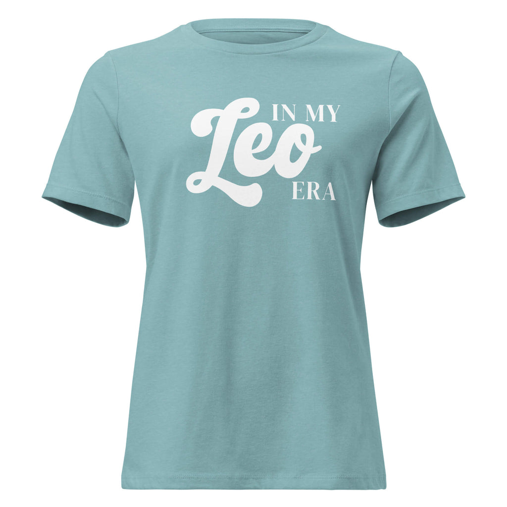 "In My Leo Era" zodiac graphic t-shirt, lagoon blue, women's fitted astrology apparel, front flat lay