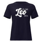 "In My Leo Era" zodiac graphic t-shirt, navy blue, women's fitted astrology apparel, front flat lay