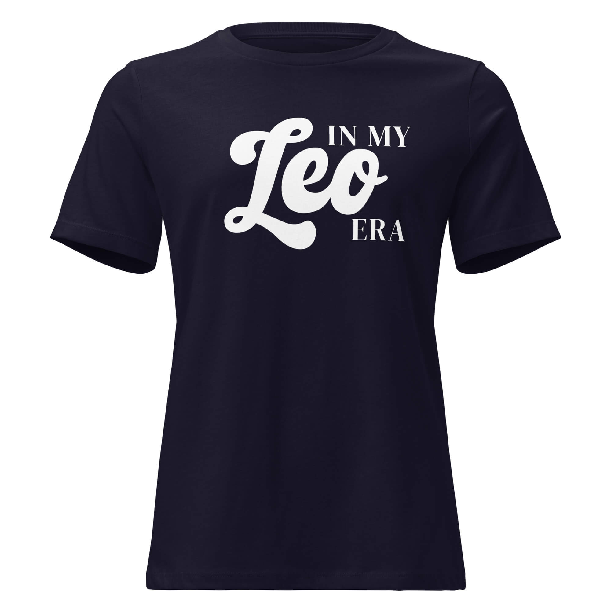 "In My Leo Era" zodiac graphic t-shirt, navy blue, women's fitted astrology apparel, front flat lay