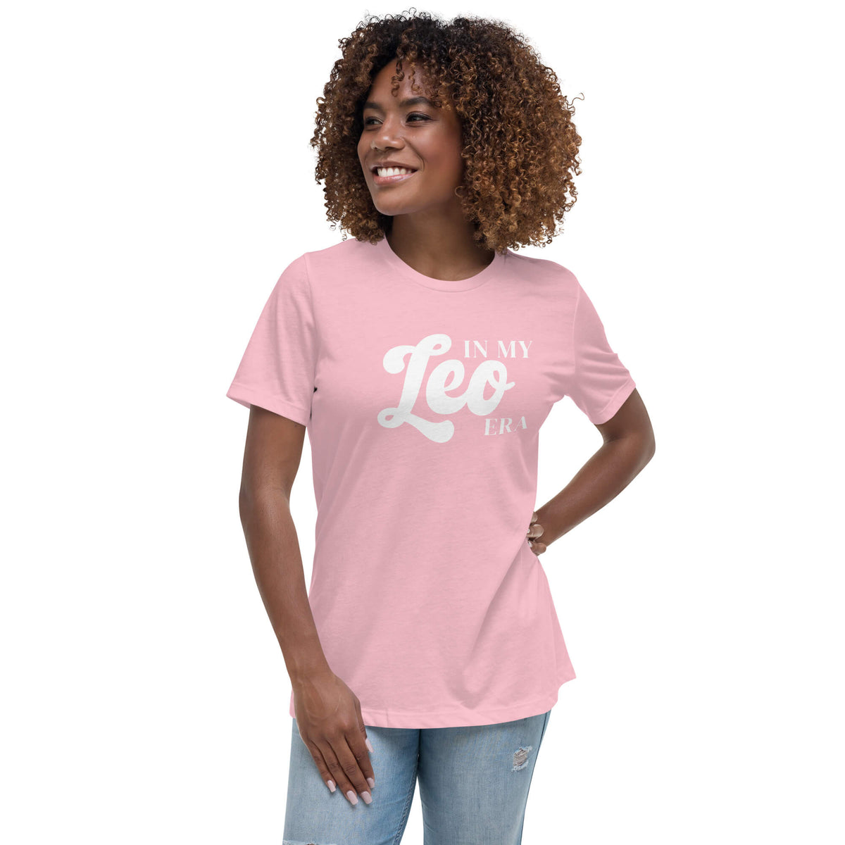 Woman wearing "In My Leo Era" Leo zodiac graphic t-shirt in pink, women's astrology apparel