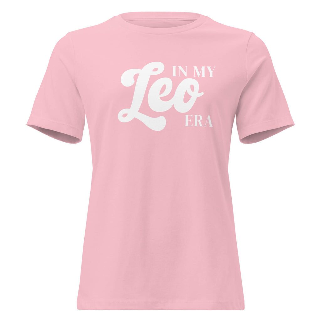 "In My Leo Era" zodiac graphic t-shirt, pink, women's fitted astrology apparel, front flat lay