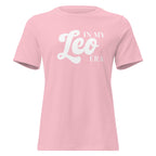 "In My Leo Era" zodiac graphic t-shirt, pink, women's fitted astrology apparel, front flat lay