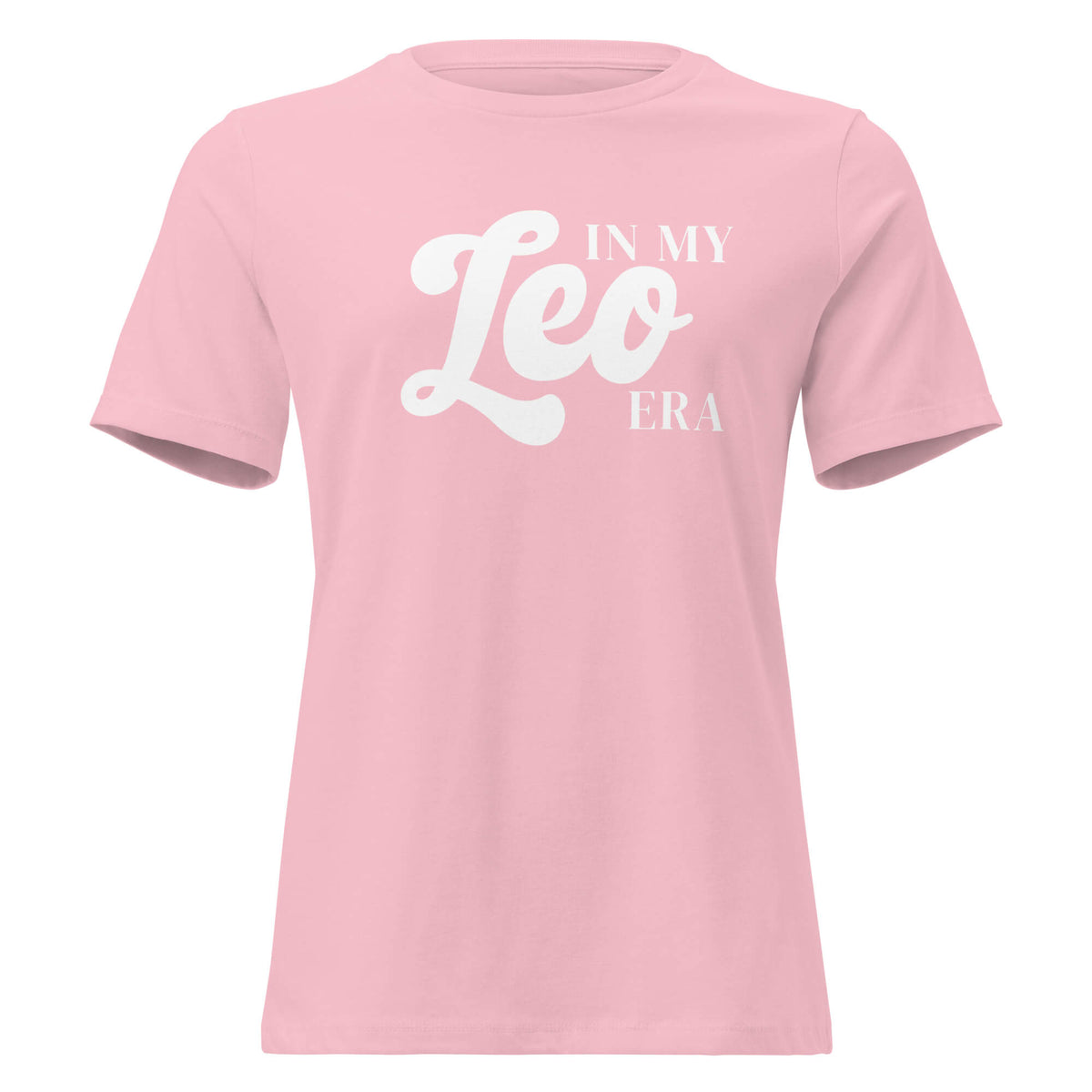 "In My Leo Era" zodiac graphic t-shirt, pink, women's fitted astrology apparel, front flat lay