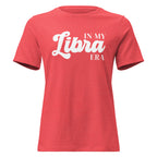 "In My Libra Era" zodiac graphic t-shirt, coral red, women's fitted astrology apparel, front flat lay