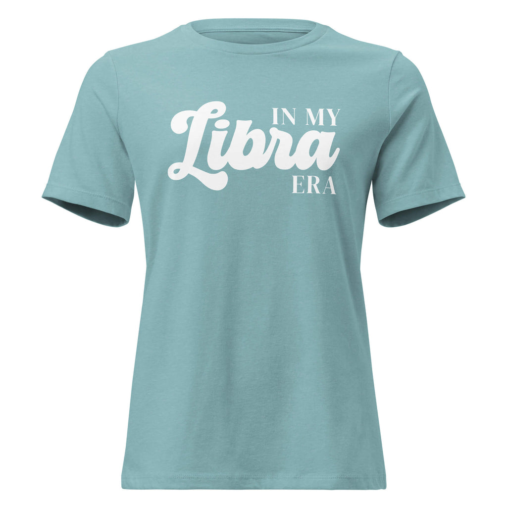 "In My Libra Era" zodiac graphic t-shirt, lagoon blue, women's fitted astrology apparel, front flat lay