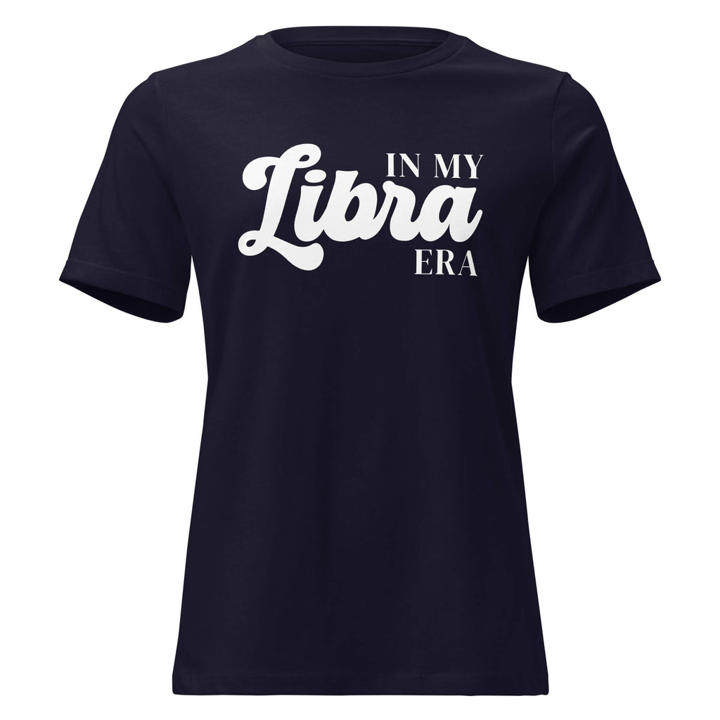 "In My Libra Era" zodiac graphic t-shirt, navy blue, women's fitted astrology apparel, front flat lay