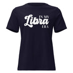"In My Libra Era" zodiac graphic t-shirt, navy blue, women's fitted astrology apparel, front flat lay