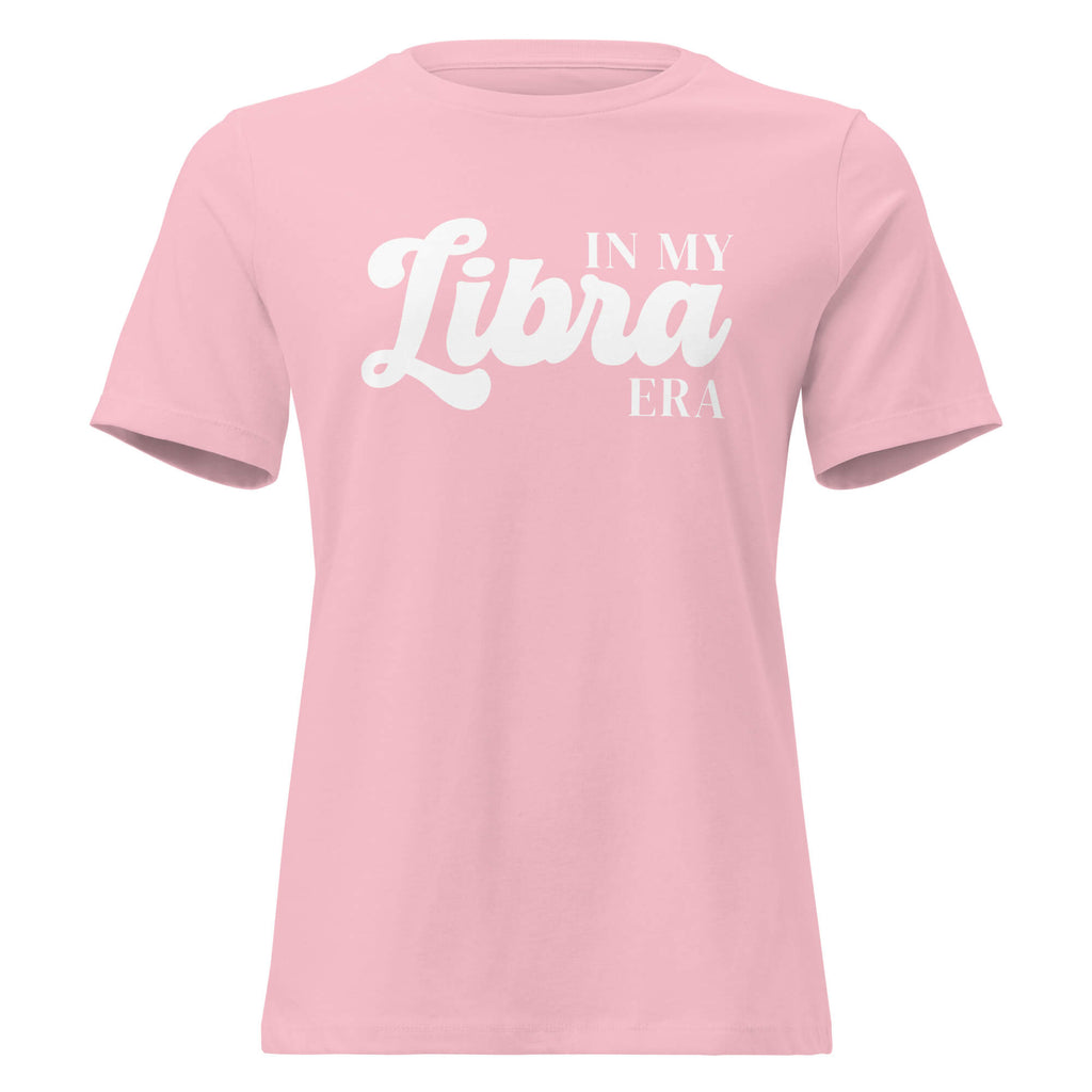 "In My Libra Era" zodiac graphic t-shirt, pink, women's fitted astrology apparel, front flat lay