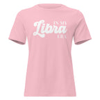"In My Libra Era" zodiac graphic t-shirt, pink, women's fitted astrology apparel, front flat lay