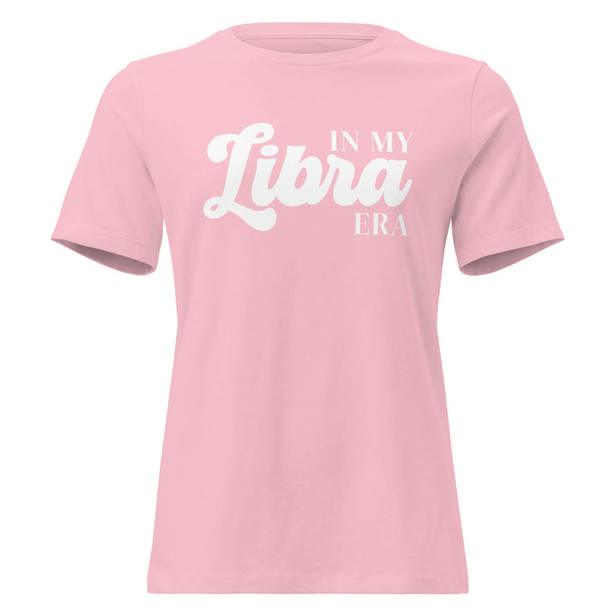 "In My Libra Era" zodiac graphic t-shirt, pink, women's fitted astrology apparel, front flat lay