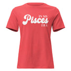 "In My Pisces Era" zodiac graphic t-shirt, coral red, women's fitted astrology apparel, front flat lay