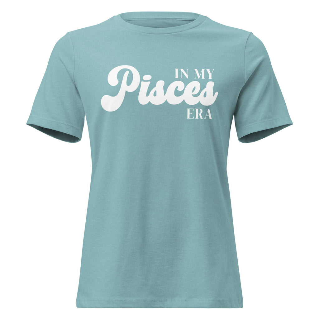 "In My Pisces Era" zodiac graphic t-shirt, lagoon blue, women's fitted astrology apparel, front flat lay