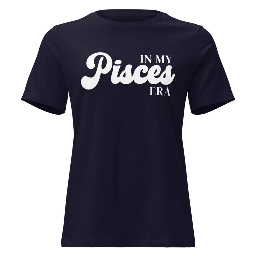 "In My Pisces Era" zodiac graphic t-shirt, navy blue, women's fitted astrology apparel, front flat lay