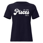 "In My Pisces Era" zodiac graphic t-shirt, navy blue, women's fitted astrology apparel, front flat lay