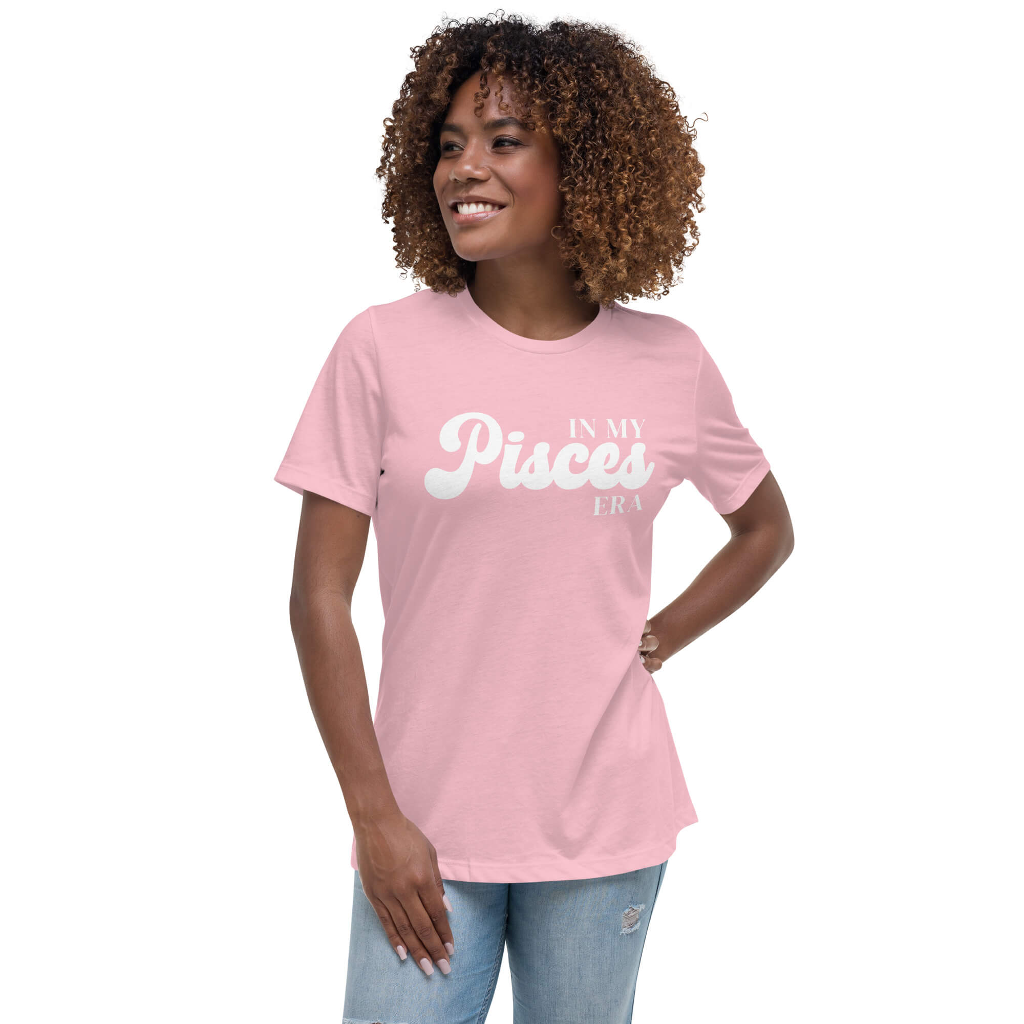 Woman wearing "In My Pisces Era" Pisces zodiac graphic t-shirt in pink, women's astrology apparel