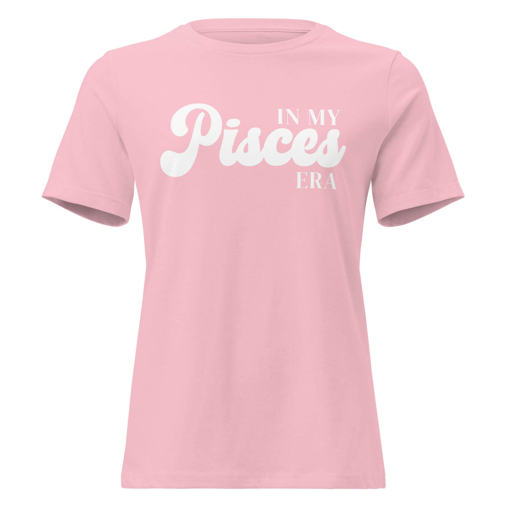 "In My Pisces Era" zodiac graphic t-shirt, pink, women's fitted astrology apparel, front flat lay