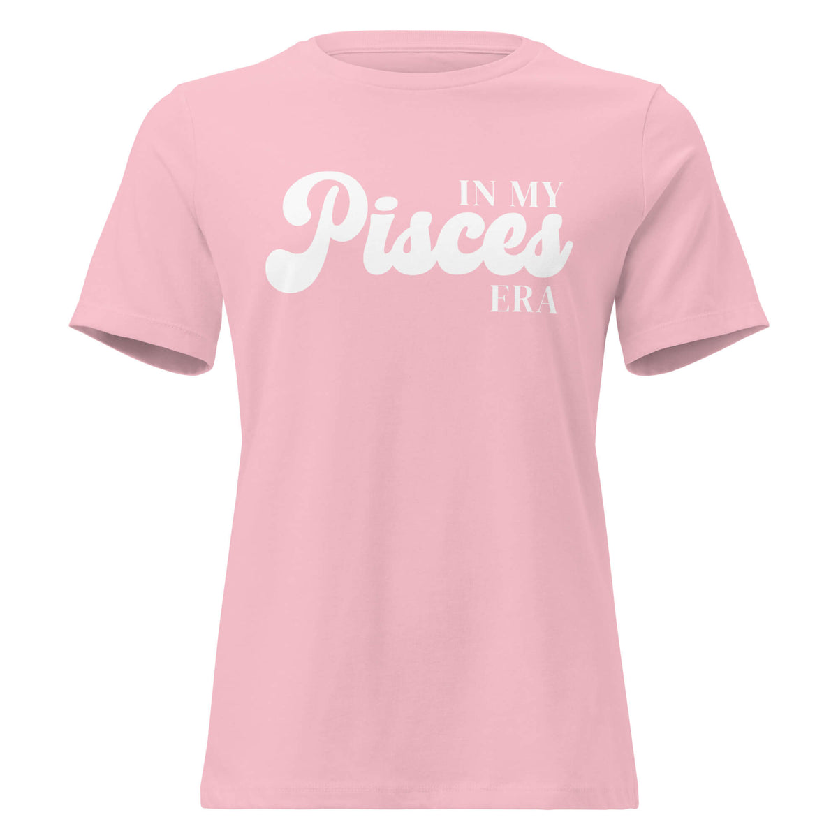 "In My Pisces Era" zodiac graphic t-shirt, pink, women's fitted astrology apparel, front flat lay
