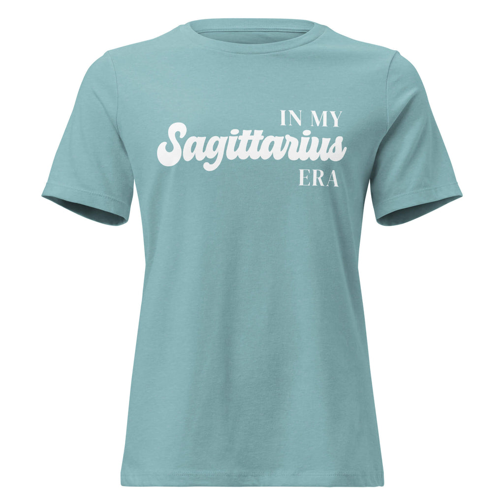 "In My Sagittarius Era" zodiac graphic t-shirt, lagoon blue, women's fitted astrology apparel, front flat lay