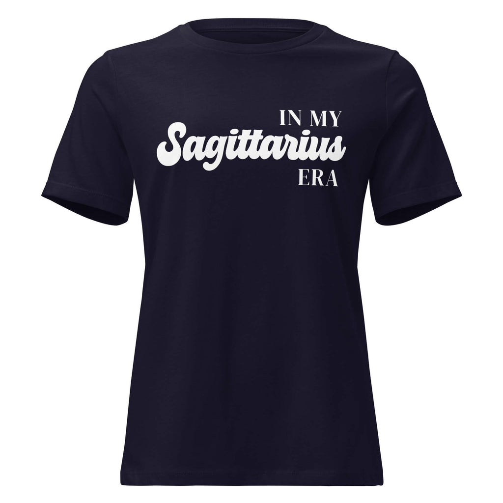 "In My Sagittarius Era" zodiac graphic t-shirt, navy blue, women's fitted astrology apparel, front flat lay