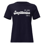 "In My Sagittarius Era" zodiac graphic t-shirt, navy blue, women's fitted astrology apparel, front flat lay