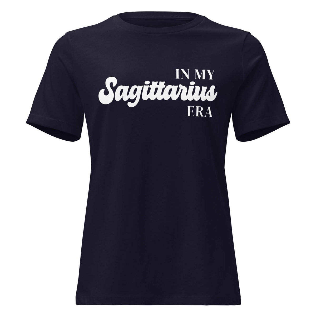 "In My Sagittarius Era" zodiac graphic t-shirt, navy blue, women's fitted astrology apparel, front flat lay