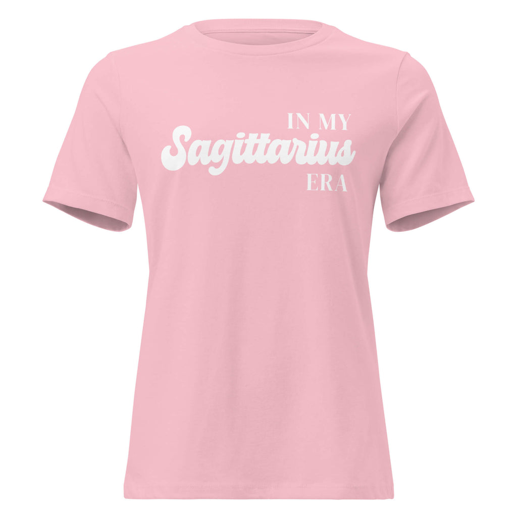 "In My Sagittarius Era" zodiac graphic t-shirt, pink, women's fitted astrology apparel, front flat lay