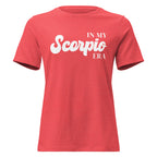 "In My Scorpio Era" zodiac graphic t-shirt, coral red, women's fitted astrology apparel, front flat lay