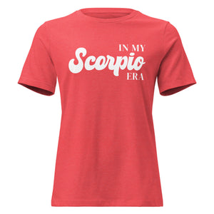"In My Scorpio Era" zodiac graphic t-shirt, coral red, women's fitted astrology apparel, front flat lay