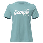 "In My Scorpio Era" zodiac graphic t-shirt, lagoon blue, women's fitted astrology apparel, front flat lay