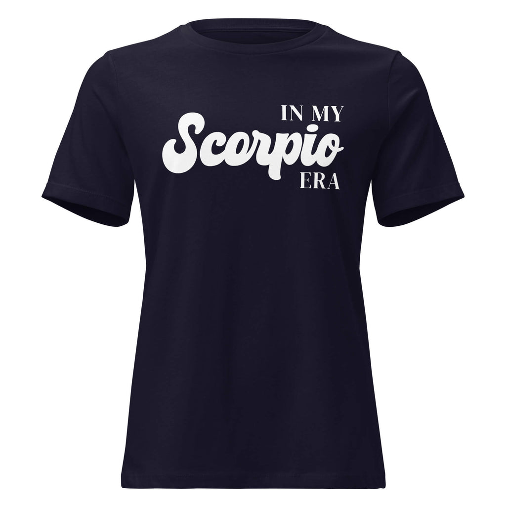 "In My Scorpio Era" zodiac graphic t-shirt, navy blue, women's fitted astrology apparel, front flat lay