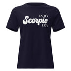 "In My Scorpio Era" zodiac graphic t-shirt, navy blue, women's fitted astrology apparel, front flat lay