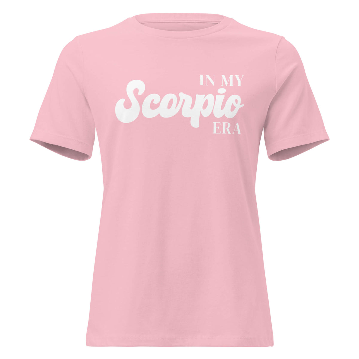 "In My Scorpio Era" zodiac graphic t-shirt, pink, women's fitted astrology apparel, front flat lay