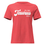 "In My Taurus Era" zodiac graphic t-shirt, coral red, women's fitted astrology apparel, front flat lay