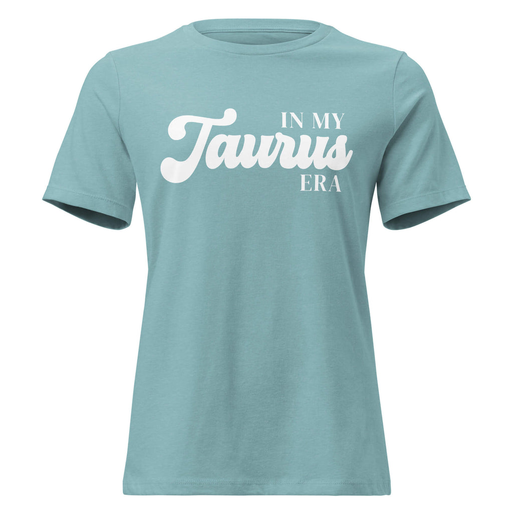 "In My Taurus Era" zodiac graphic t-shirt, lagoon blue, women's fitted astrology apparel, front flat lay