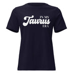 "In My Taurus Era" zodiac graphic t-shirt, navy blue, women's fitted astrology apparel, front flat lay