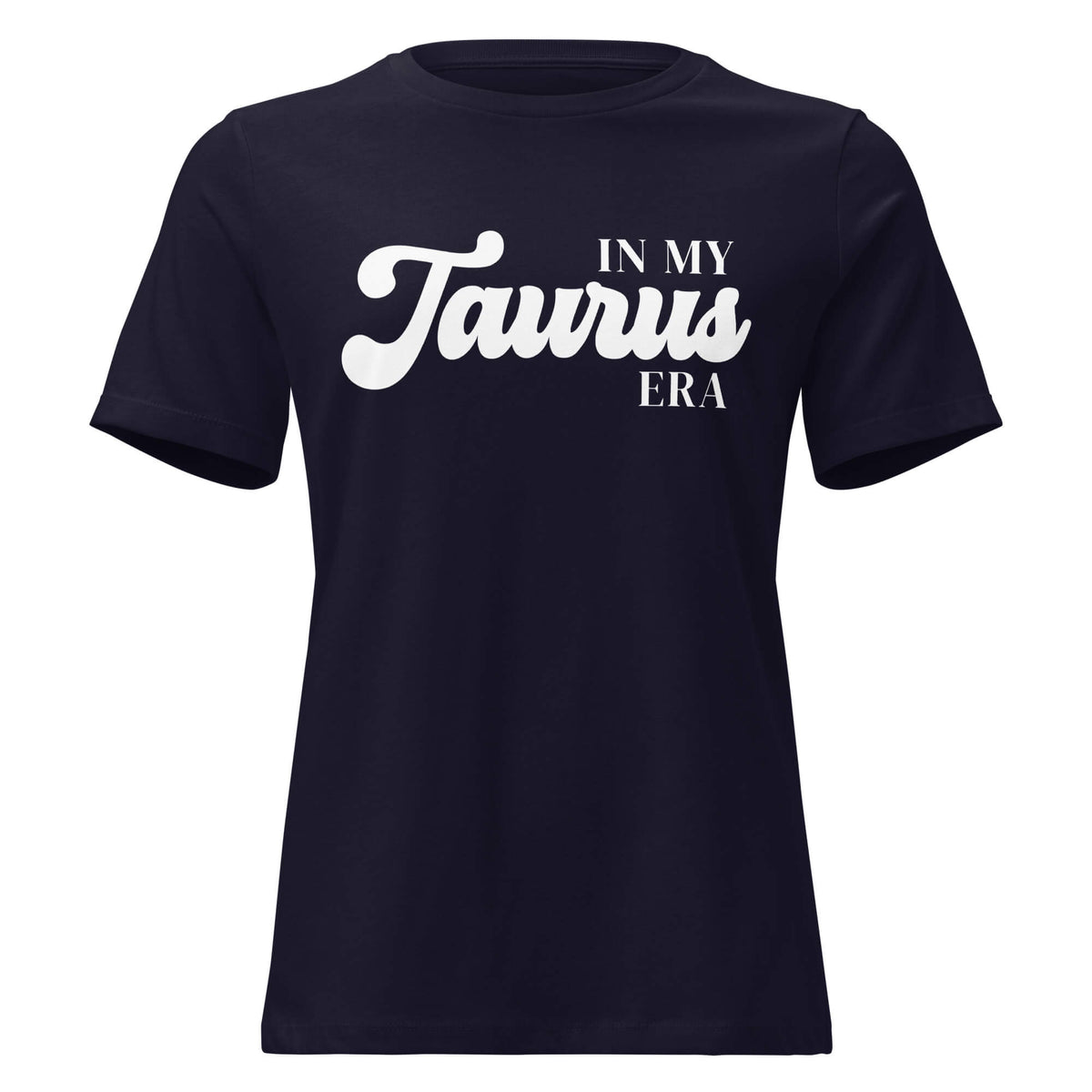 "In My Taurus Era" zodiac graphic t-shirt, navy blue, women's fitted astrology apparel, front flat lay