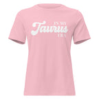 "In My Taurus Era" zodiac graphic t-shirt, pink, women's fitted astrology apparel, front flat lay