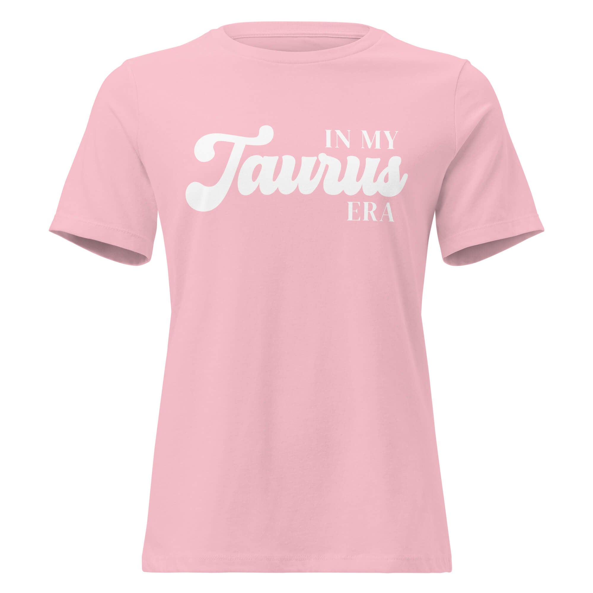 "In My Taurus Era" zodiac graphic t-shirt, pink, women's fitted astrology apparel, front flat lay