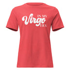 "In My Virgo Era" zodiac graphic t-shirt, coral red, women's fitted astrology apparel, front flat lay