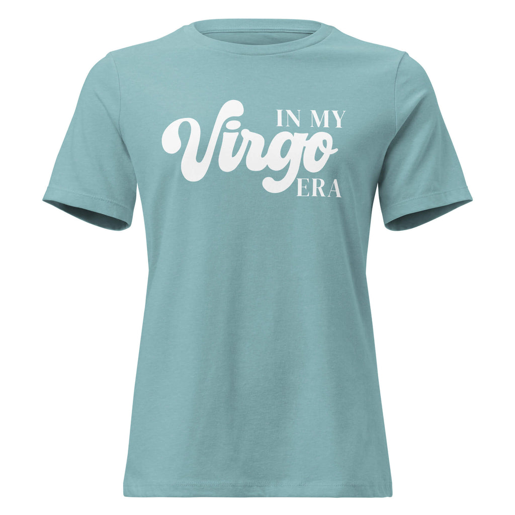 "In My Virgo Era" zodiac graphic t-shirt, lagoon blue, women's fitted astrology apparel, front flat lay
