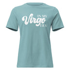 "In My Virgo Era" zodiac graphic t-shirt, lagoon blue, women's fitted astrology apparel, front flat lay
