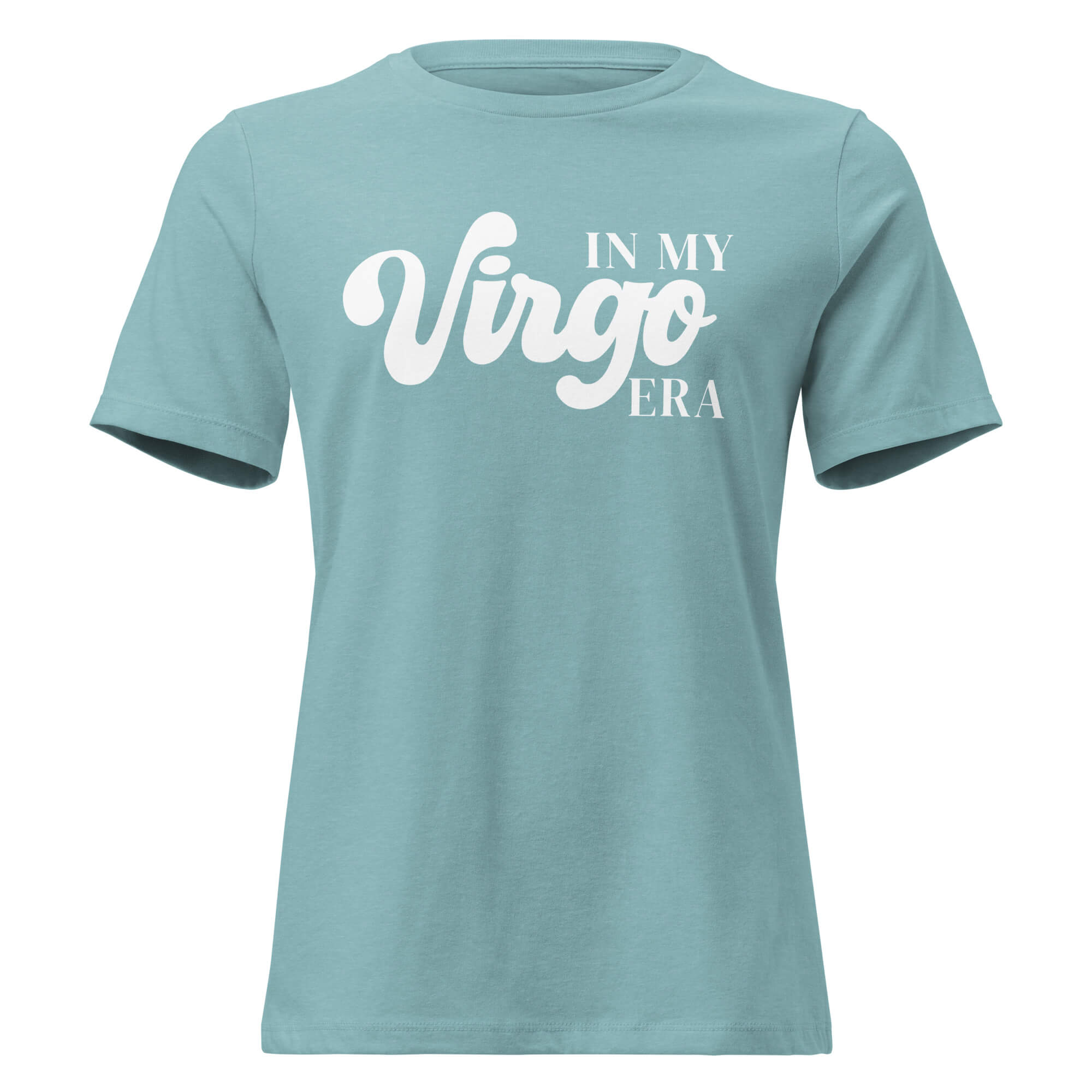 "In My Virgo Era" zodiac graphic t-shirt, lagoon blue, women's fitted astrology apparel, front flat lay