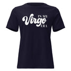 "In My Virgo Era" zodiac graphic t-shirt, navy blue, women's fitted astrology apparel, front flat lay