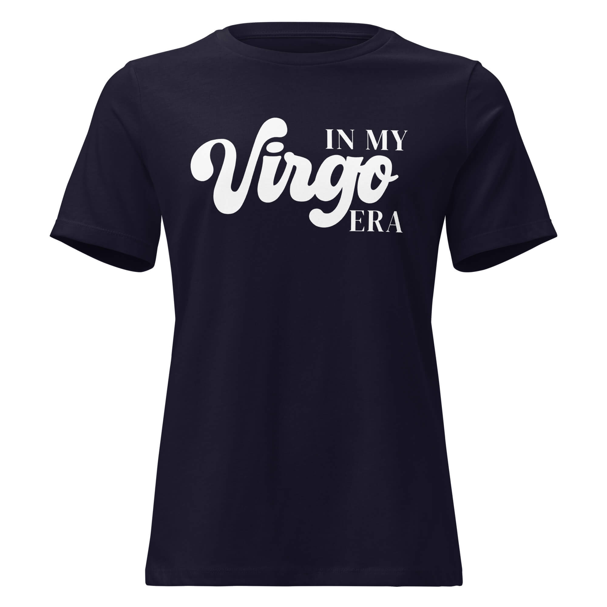 "In My Virgo Era" zodiac graphic t-shirt, navy blue, women's fitted astrology apparel, front flat lay