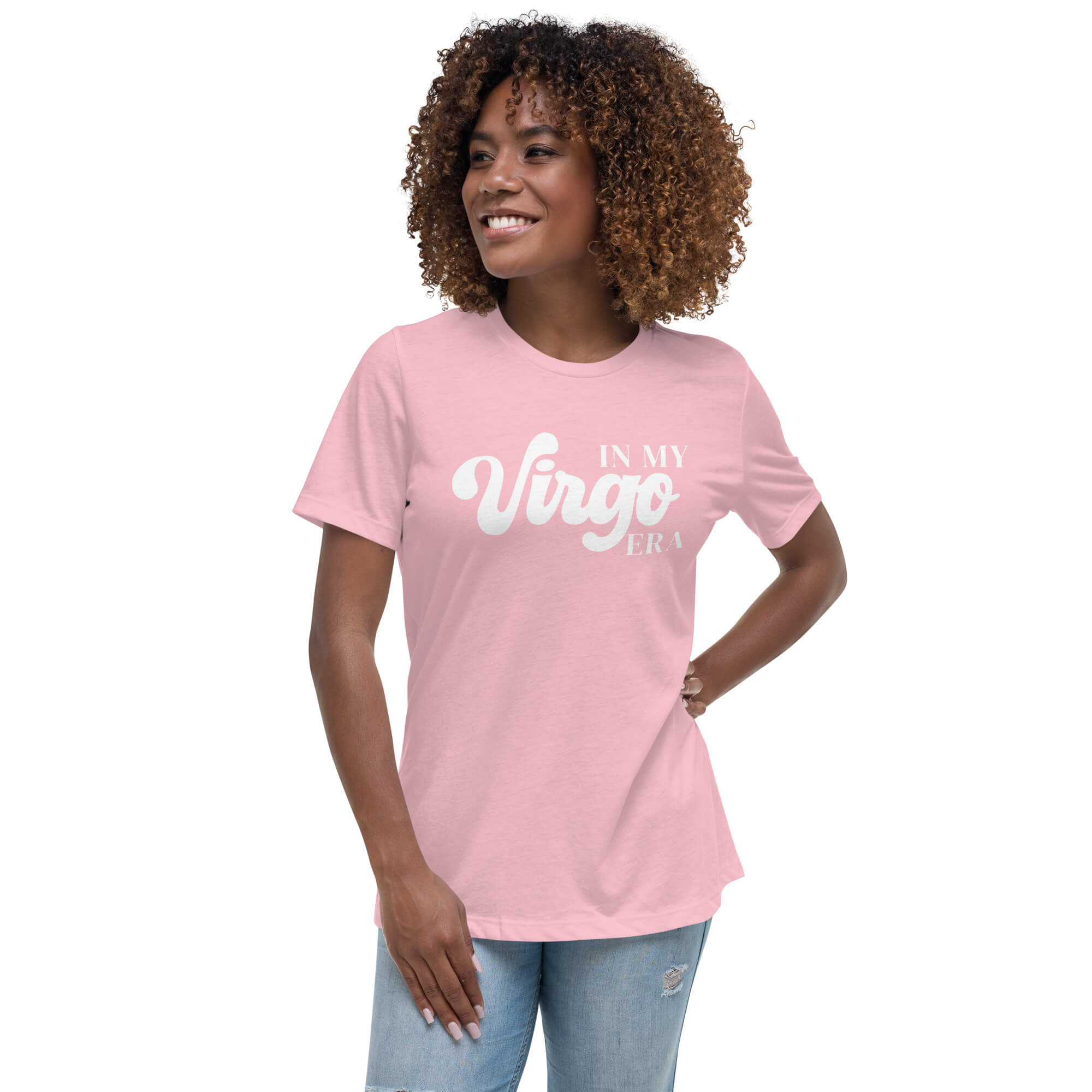 Woman wearing "In My Virgo Era" Virgo zodiac graphic t-shirt in pink, women's astrology apparel