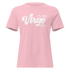 "In My Virgo Era" zodiac graphic t-shirt, pink, women's fitted astrology apparel, front flat lay