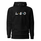 Leo zodiac 90s nostalgia graphic pullover hoodie, black unisex relaxed fit, front flat lay