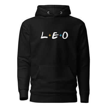Leo zodiac 90s nostalgia graphic pullover hoodie, black unisex relaxed fit, front flat lay