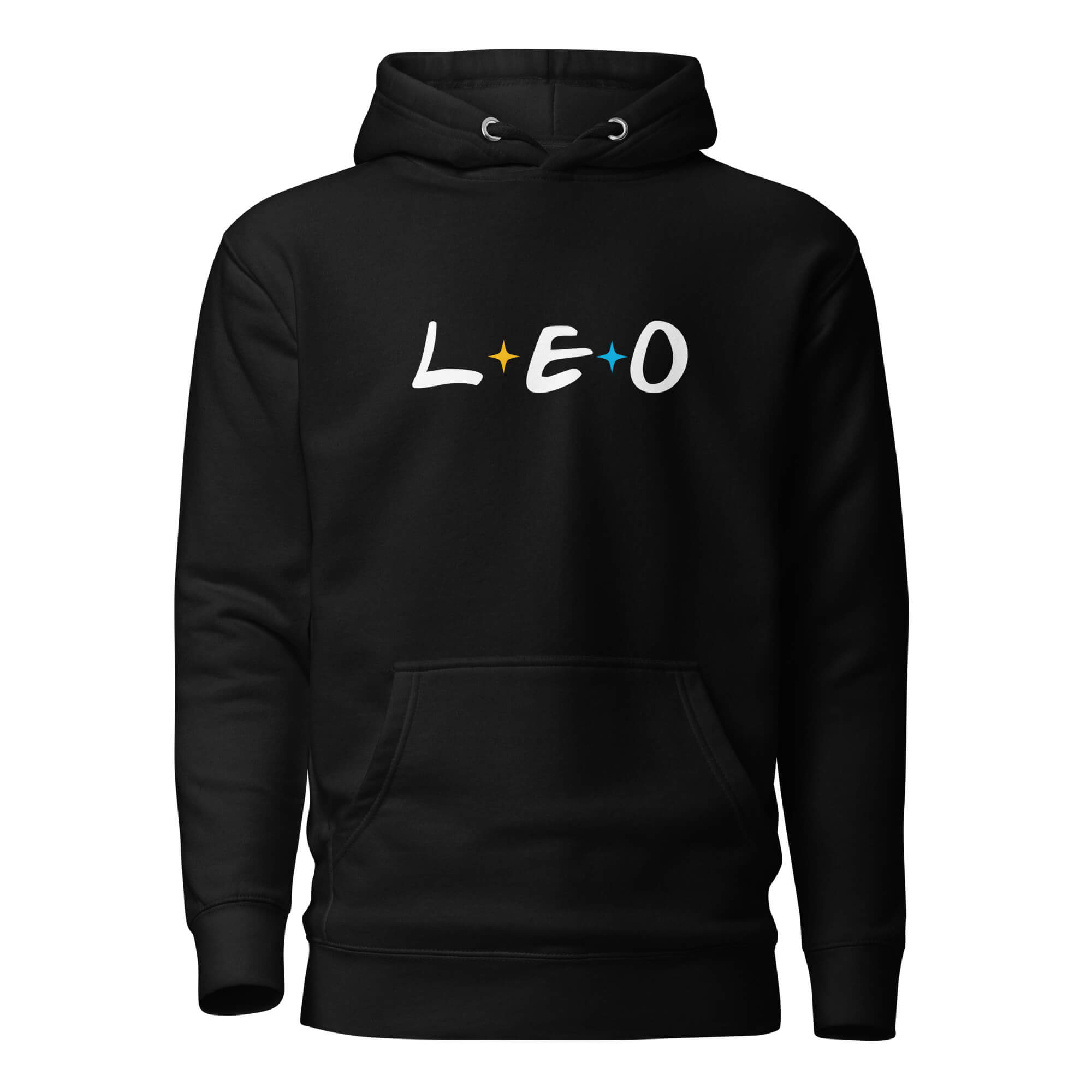 Leo zodiac 90s nostalgia graphic pullover hoodie, black unisex relaxed fit, front flat lay