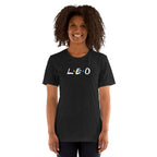 Woman wearing Leo zodiac 90s nostalgia graphic t-shirt in black, retro astrology apparel 